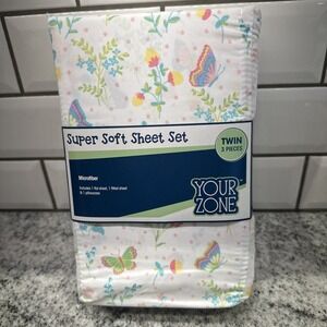 Your Zone‎ Soft Microfiber Sheet Set Twin Butterfly Flowers Pink Purple Aqua New